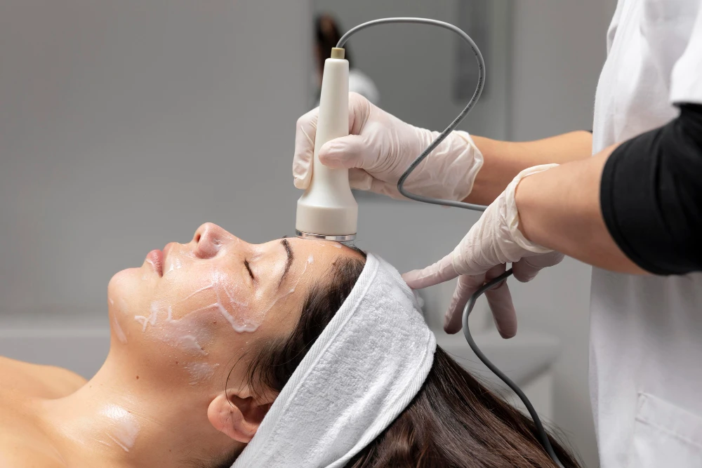 Close-up of laser skin tightening procedure to reduce wrinkles and improve skin elasticity